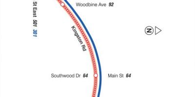 Mapa ng TTC 22 Coxwell ruta ng bus Toronto