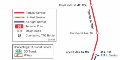 Mapa ng TTC 30 Lambton ruta ng bus Toronto