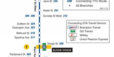 Mapa ng TTC 300A Bloor-Danforth ruta ng bus Toronto