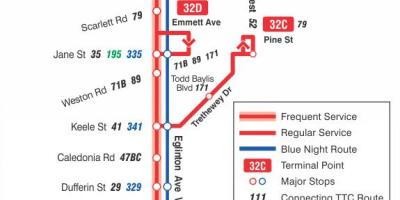 Mapa ng TTC 32 Eglinton Kanluran ruta ng bus Toronto
