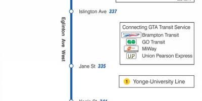 Mapa ng TTC 332 Eglinton Kanluran ruta ng bus Toronto