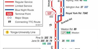 Mapa ng TTC 52 Lawrence Kanluran ruta ng bus Toronto