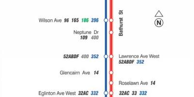 Mapa ng TTC 7 Bathurst ruta ng bus Toronto