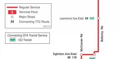 Mapa ng TTC 9 Bellamy ruta ng bus Toronto